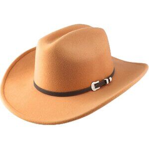 Women's Camel Western With Brim Belt Buckle Classic Fedora Cowboy Felt Hat